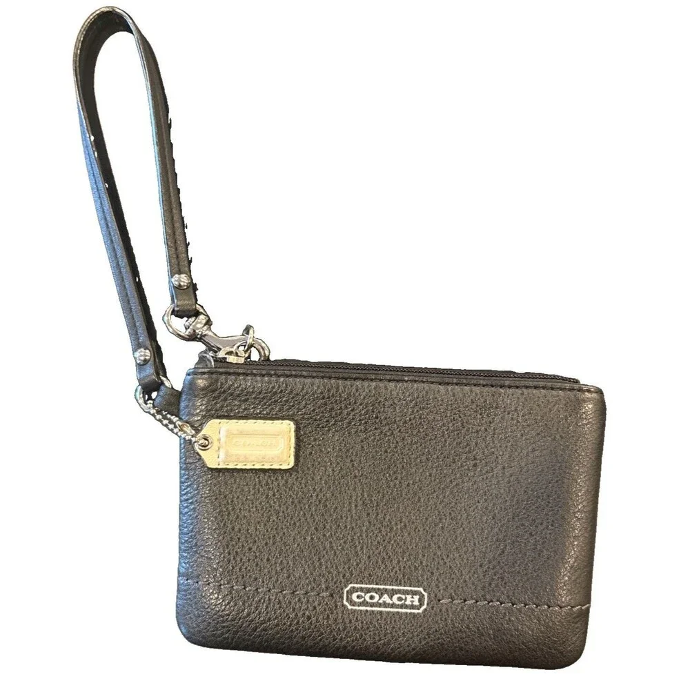 Coach Black Leather Teal Lined Wristlet w/ Zipper Credit Card Slot & Strap